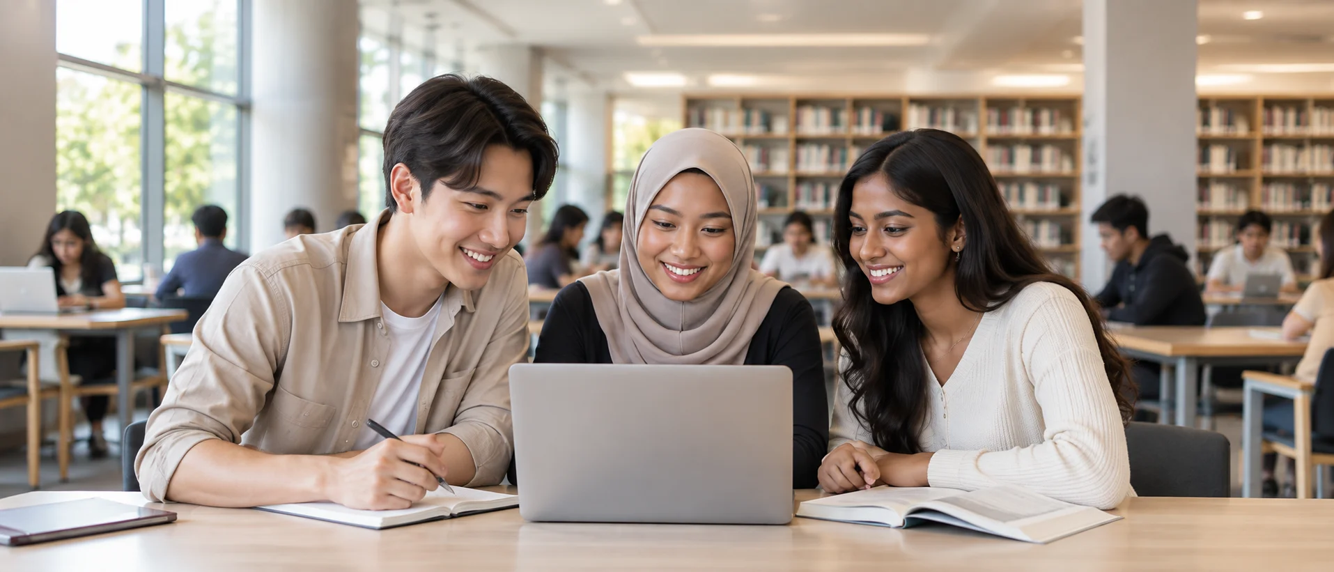 Three university students collaborating around a laptop in a warm, light-filled campus library