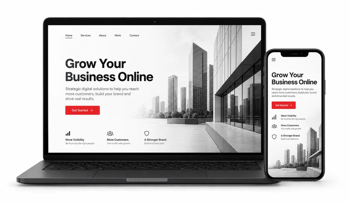 Example responsive business website displayed on a laptop and mobile phone